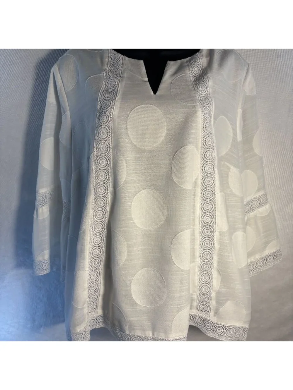 White Chico's Sheer Polka Dot Blouse With Crochet Trim & 3/4 Bell Sleeves - Picture 1 of 6
